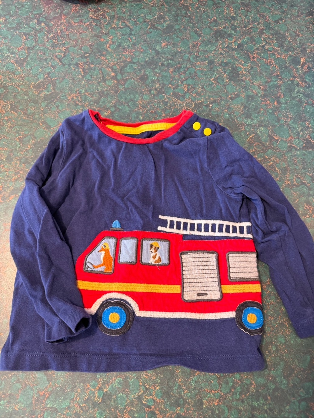 Baby Boden Navy Long-Sleeve Top with Bright Red Fire Truck